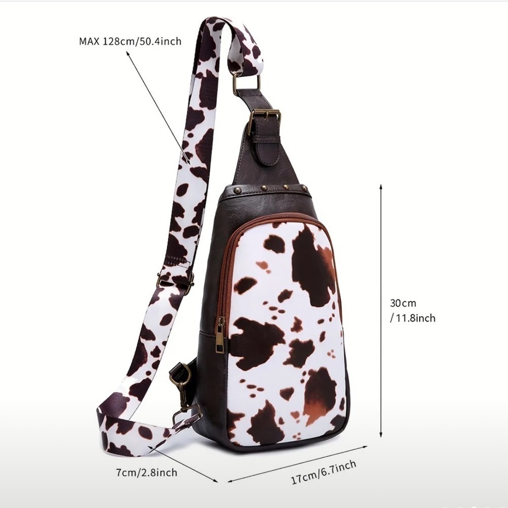 Vegan Leather Studded Vintage Cow Print Crossbody Bag - Picture 2 of 10